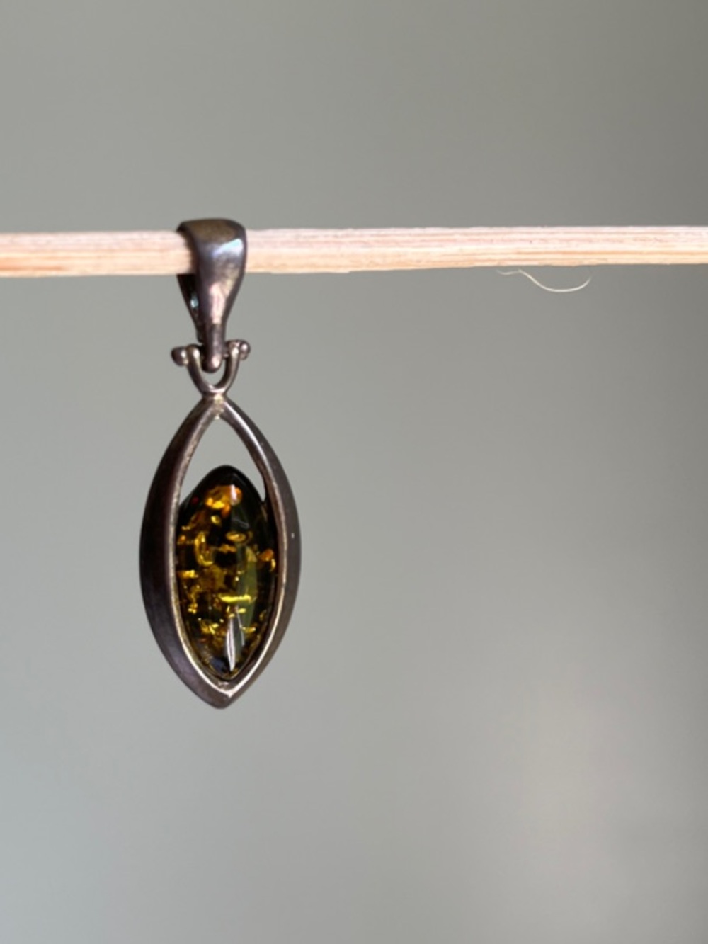 Sterling Silver Amber Marquise Pendant - Green Amber